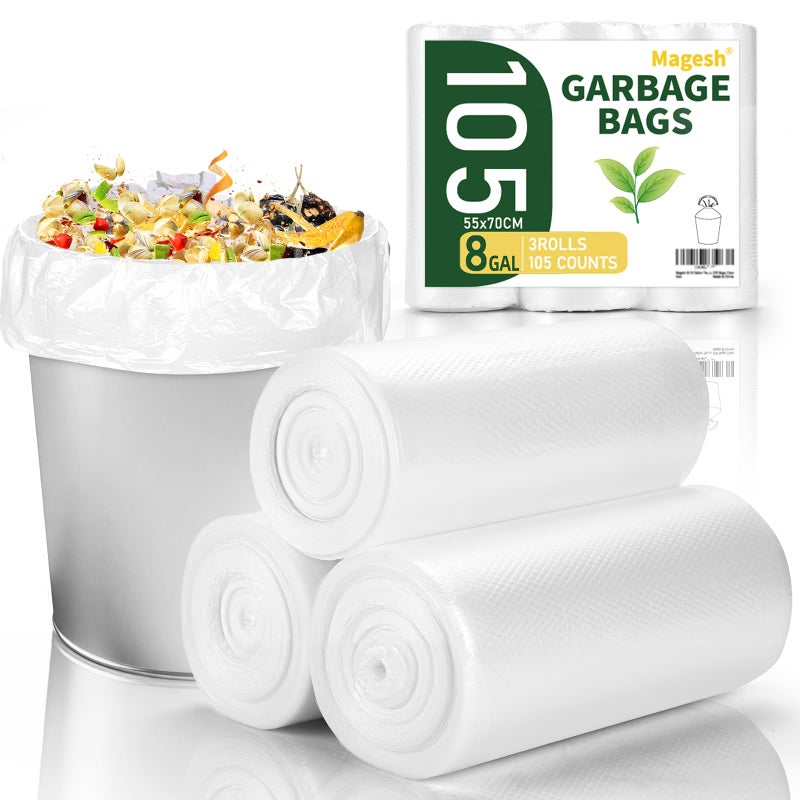 Magesh 8-10 Gallon Trash Bag Strong, Leakage-Free, Medium Garbage Bags Unscented Thick for Bathroom, Office, Kitchen Medium Trash Can, 60L, 105 Bags, Clear - Image 1