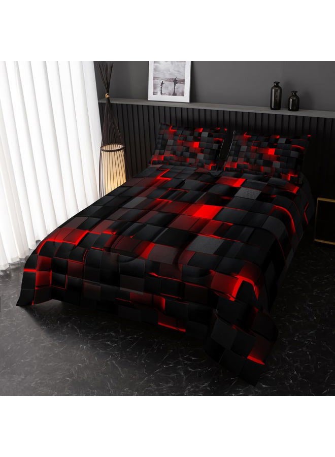 Nttopship Neon Red Black Comforter Set Full Geometric Kids Bedding Set,3 PCS Geometry Honeycomb Bed Set Modern Quilt Set 1 Comforter 2 Pillow Cases Cool Room Decor All Season B-Side Black - Image 2