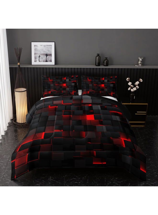 Nttopship Neon Red Black Comforter Set Full Geometric Kids Bedding Set,3 PCS Geometry Honeycomb Bed Set Modern Quilt Set 1 Comforter 2 Pillow Cases Cool Room Decor All Season B-Side Black - Image 1