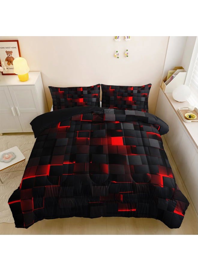 Nttopship Neon Red Black Comforter Set Full Geometric Kids Bedding Set,3 PCS Geometry Honeycomb Bed Set Modern Quilt Set 1 Comforter 2 Pillow Cases Cool Room Decor All Season B-Side Black - Image 3