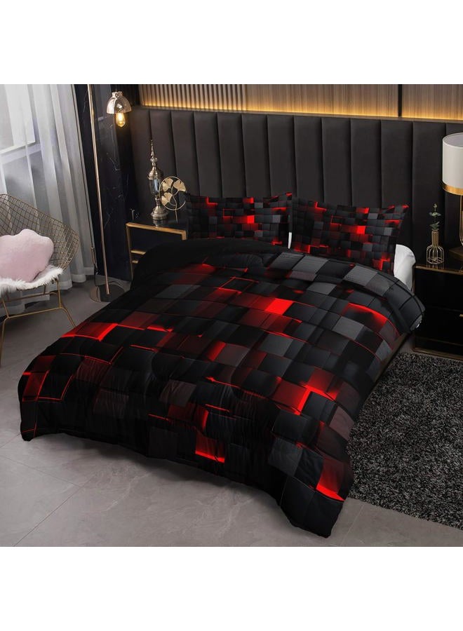 Nttopship Neon Red Black Comforter Set Full Geometric Kids Bedding Set,3 PCS Geometry Honeycomb Bed Set Modern Quilt Set 1 Comforter 2 Pillow Cases Cool Room Decor All Season B-Side Black - Image 4