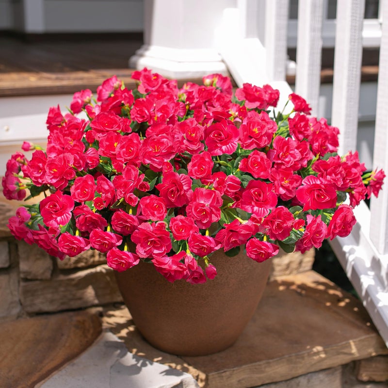 HyeFlora Artificial Faux Outdoor Flowers Plants for Spring Summer Decoration, Fake Silk Hotpink Camellia UV Resistant Look Real for Planter Outside Front Door Porch Patio Balcony, 3 Large Bundles - Image 3