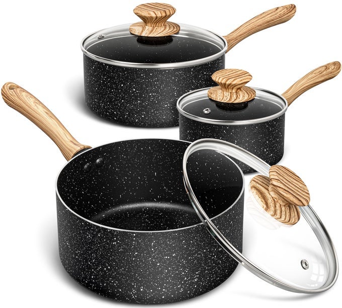 SAUCEPAN SET NONSTICK SAUCE PANS WITH GRANITE COATINGS STONE SAUCE PAN WITH LIDS NON STICK POT SETS SAUCE POTS 3 PIECE 1QT 2QT 3QT