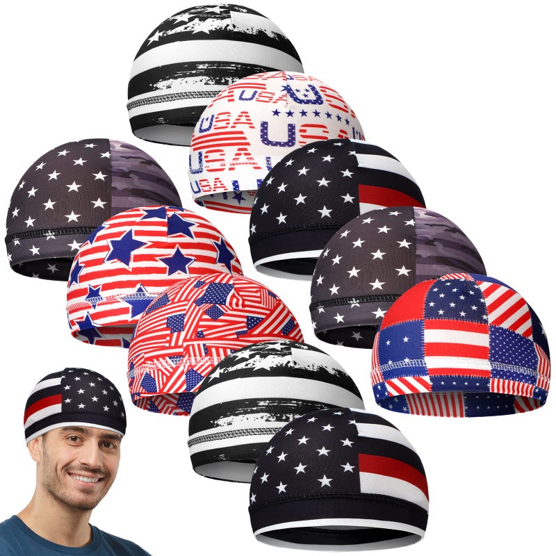 Tarpop 10 Pcs Men Skull Caps Cooling Welding Hard Helmet Liner Cycling Skull Caps Wicking Beanie Do Rag Head Wrap for Men(Flag Style) Colorful - Image 1