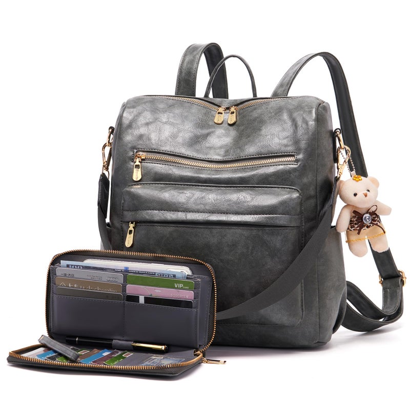 Soperwillton Women Backpack Purse Multipurpose Design Handbags Shoulder Bag PU Leather Travel bag Backpack Set 2pcs