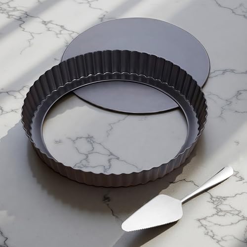 Yamteck 9 Inch Quiche Tart Pans with Pie Cake Server Removable Bottom NonStick Coating Rugged Carbon Steel for Tart Quiche Baking Gift for Women Wife Christmas Thanksgiving Party Festival Family - Image 1