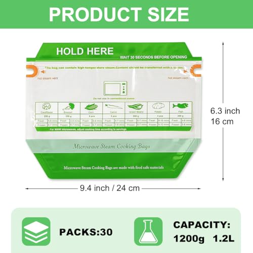 YQL 30PCS Microwave Steam Bags, Zipper Reusable Trapezoid Stand-Up Steamer Bags for Microwave Cooking Use, Steaming Frozen Food for Vegetables Potatoes, Fish and More (9.4"x6.3") - Image 2