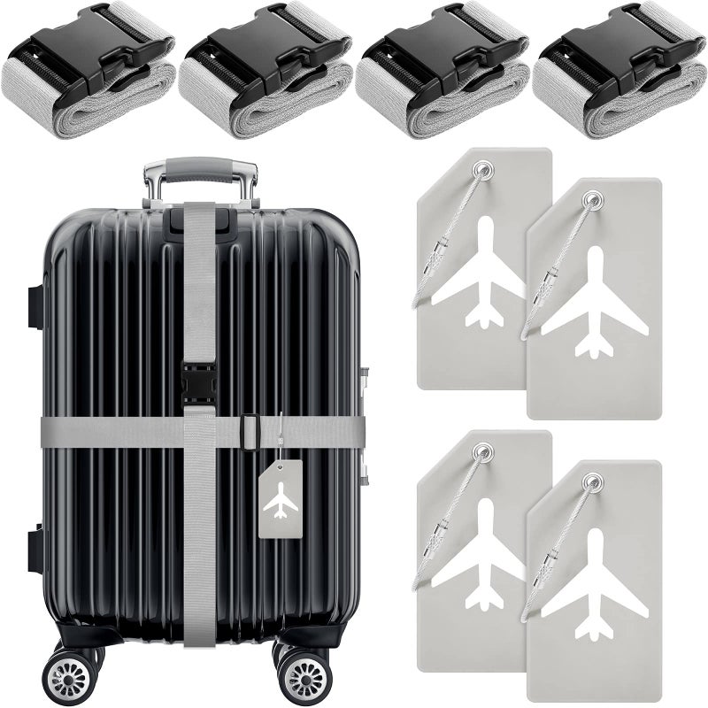 Weewooday 8 Pcs Luggage Straps Suitcase Tags Set for TSA Approved, 4 Travel Adjustable Suitcase Belt, 4 Silicone Luggage Tags with Name ID Card Travel Accessories(Light Gray)  - Image 1