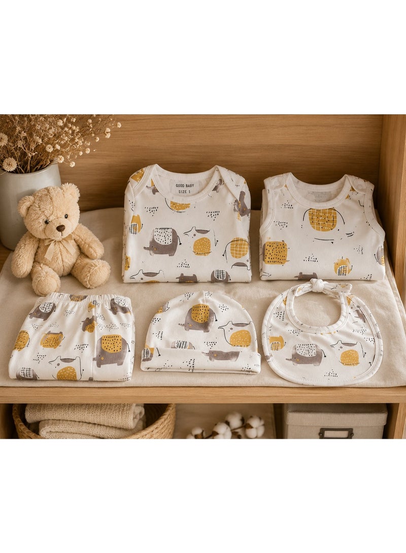 Good Bye Baby Newborn 5-Piece Cotton Clothing Set Beige Elephant Print Soft Baby Outfit - Image 5