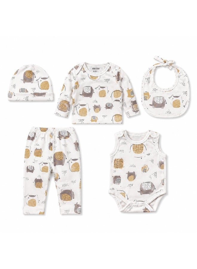 Good Bye Baby Newborn 5-Piece Cotton Clothing Set Beige Elephant Print Soft Baby Outfit - Image 2