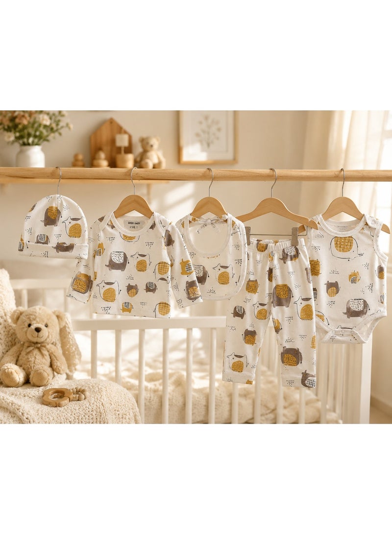 Good Bye Baby Newborn 5-Piece Cotton Clothing Set Beige Elephant Print Soft Baby Outfit - Image 4