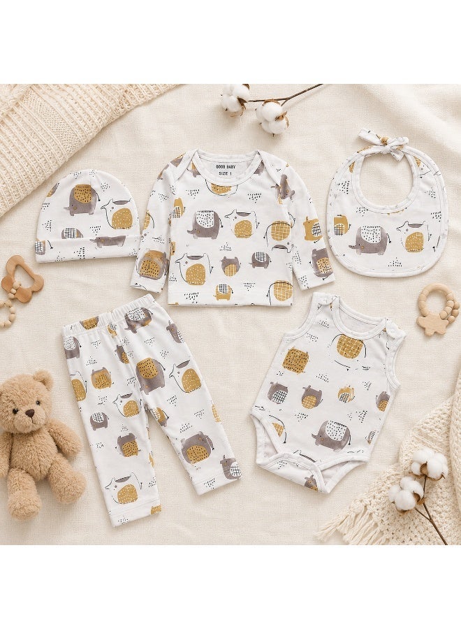 Good Bye Baby Newborn 5-Piece Cotton Clothing Set Beige Elephant Print Soft Baby Outfit - Image 3