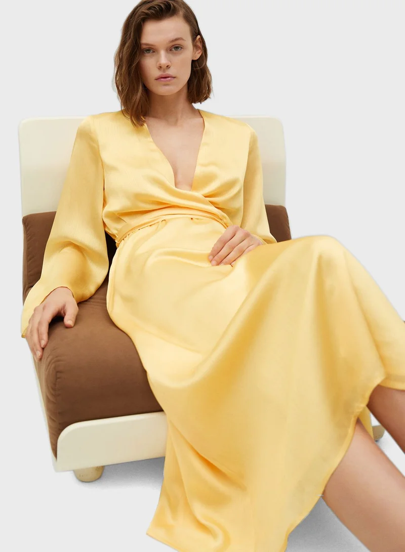 MANGO Wrap Neck Side Slit Midi Dress