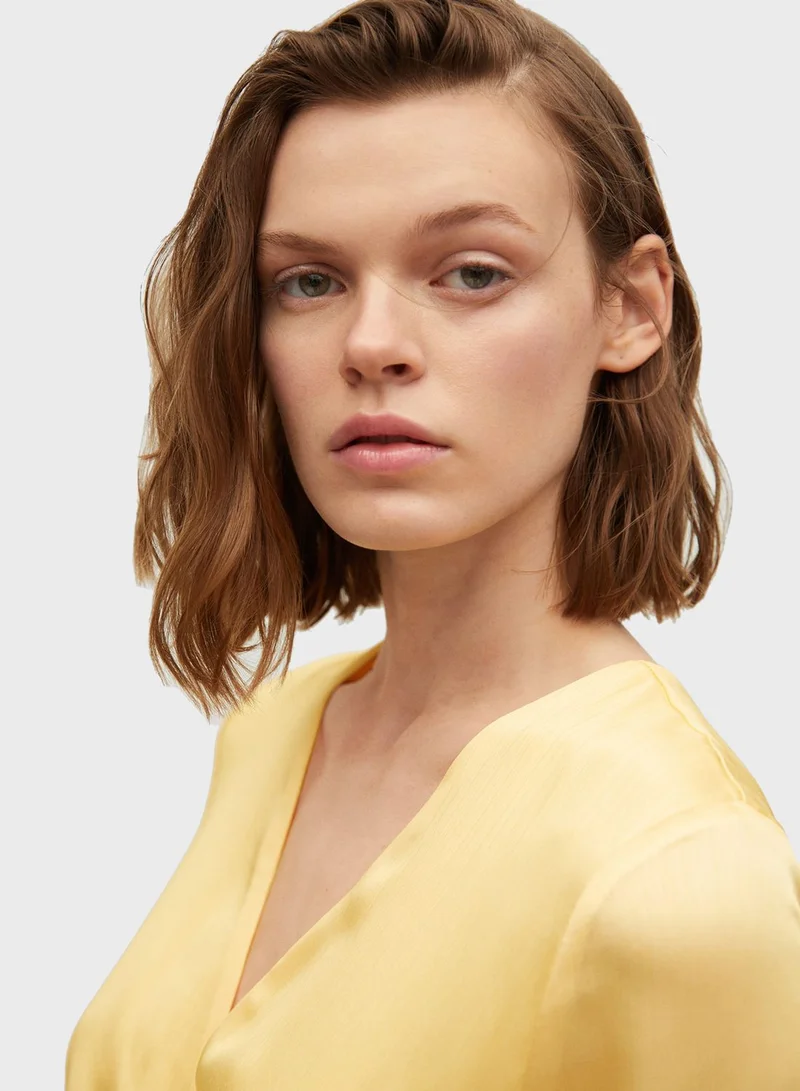 MANGO Wrap Neck Side Slit Midi Dress