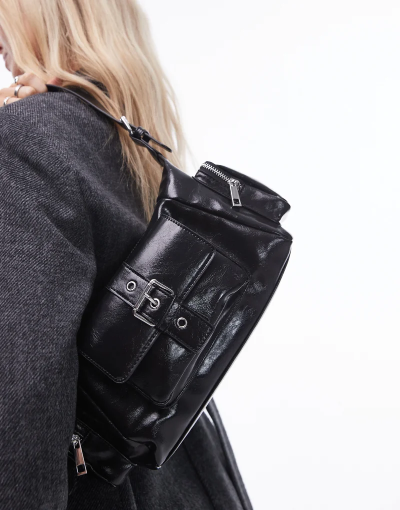 TOPSHOP Topshop Saskia pocket shoulder bag in black - BLAC