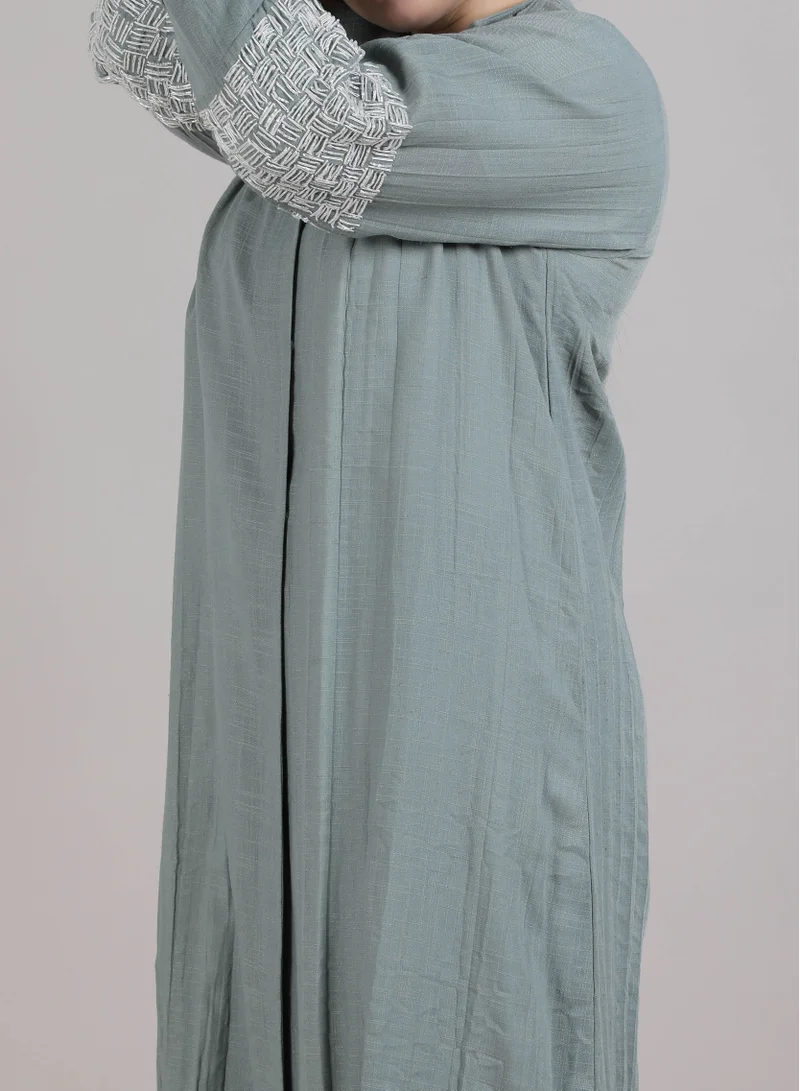 MSquare Fashion  MSquare Fashion Grey Crushed Linen Abaya With Threadwork On Elbows for Women | Best Price UAE