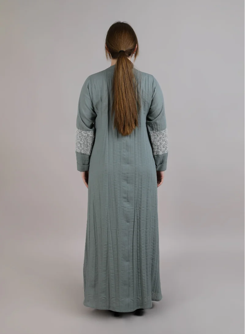 MSquare Fashion  MSquare Fashion Grey Crushed Linen Abaya With Threadwork On Elbows for Women | Best Price UAE