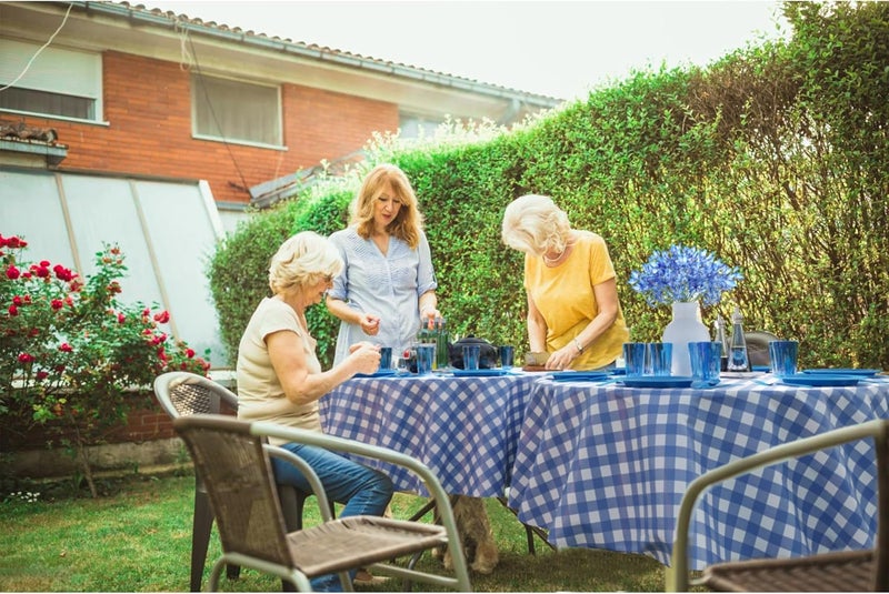Exquisite Picnic Table Cover - 48 Pack Premium Round Plastic Tablecloth - Dark Blue & White Checkered BBQ Table Cover - Gingham Checkerboard Disposable Tablecloth 84 inch. Round - Image 5