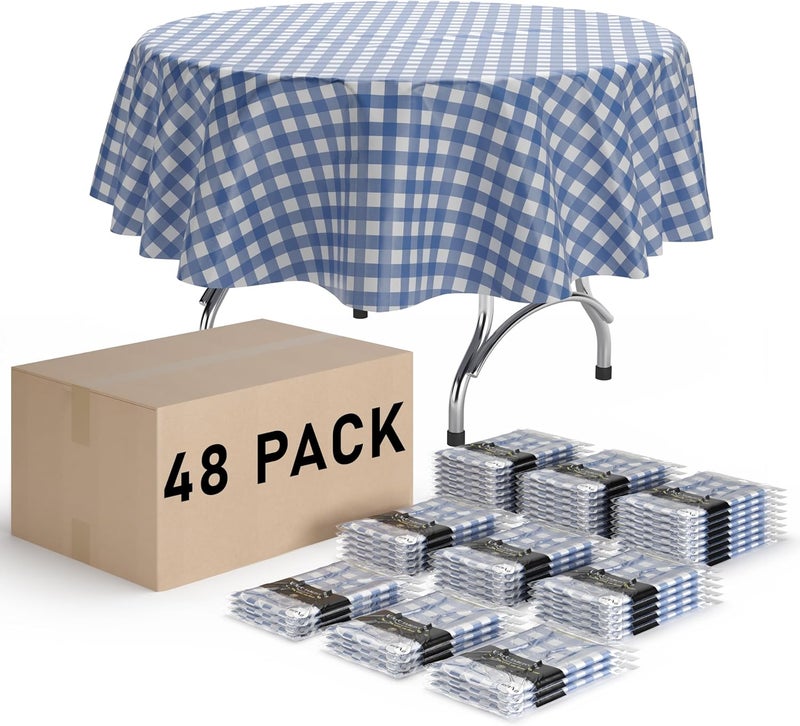 Exquisite Picnic Table Cover - 48 Pack Premium Round Plastic Tablecloth - Dark Blue & White Checkered BBQ Table Cover - Gingham Checkerboard Disposable Tablecloth 84 inch. Round - Image 1