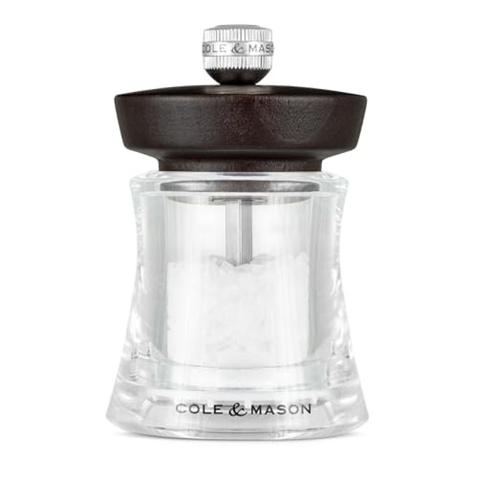 Cole & Mason Holborn Acrylic Salt Mill - Compact Hand Grinder - Acrylic Kitchen Tool with Adjustable Grind Setting - Easy-to-Clean Grinder with Premium Design - Chocolate Salt Mill, 3.75"