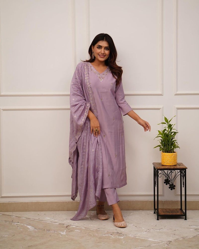 Shiv Textiles Women's Chanderi Silk Embroidered Kurta Pant Dupatta Set(JDA-ZARANA-Onion-XXL) - Image 2