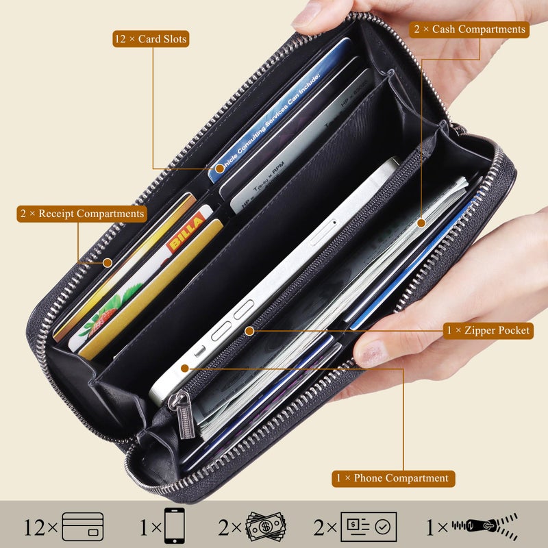 VISOUL Leather Long Zipper Pouch Wallet for Men and Women with RFID Blocking, Large Clutch Cash Long Wallet with Zipper (Black) - Image 2
