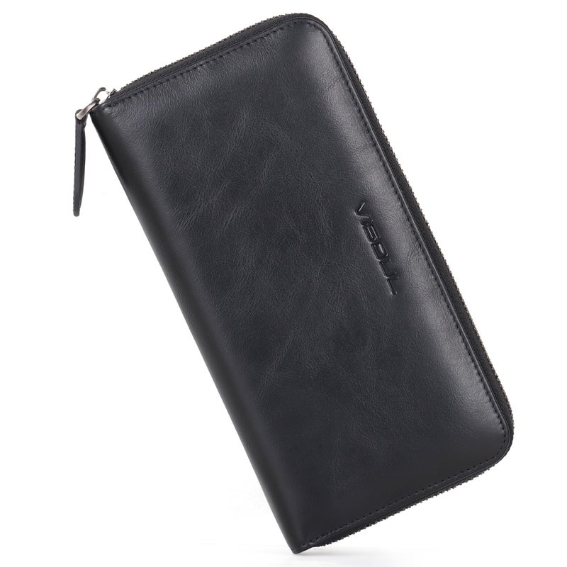VISOUL Leather Long Zipper Pouch Wallet for Men and Women with RFID Blocking, Large Clutch Cash Long Wallet with Zipper (Black) - Image 1