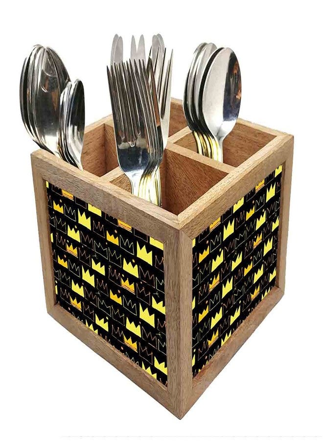 Nutcase Wooden Cutlery Stand Holder Silverware Caddy Spoons Forks Knives Organizer for Dining Table & Kitchen -Made in India-Spoons NOT Included - Crouns - Image 1