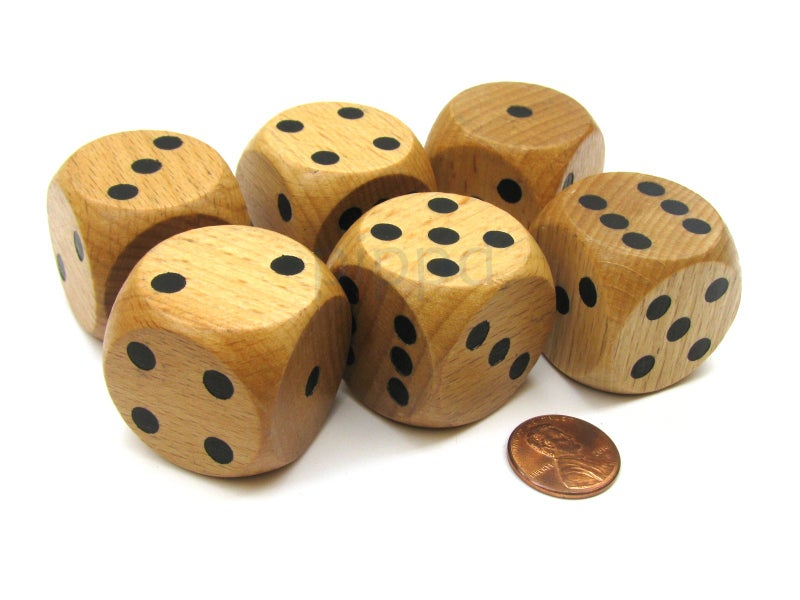 Koplow Games Set of 6 D6 Large Jumbo 30mm Rounded Wood Dice - Wooden with Black Pips - Image 1