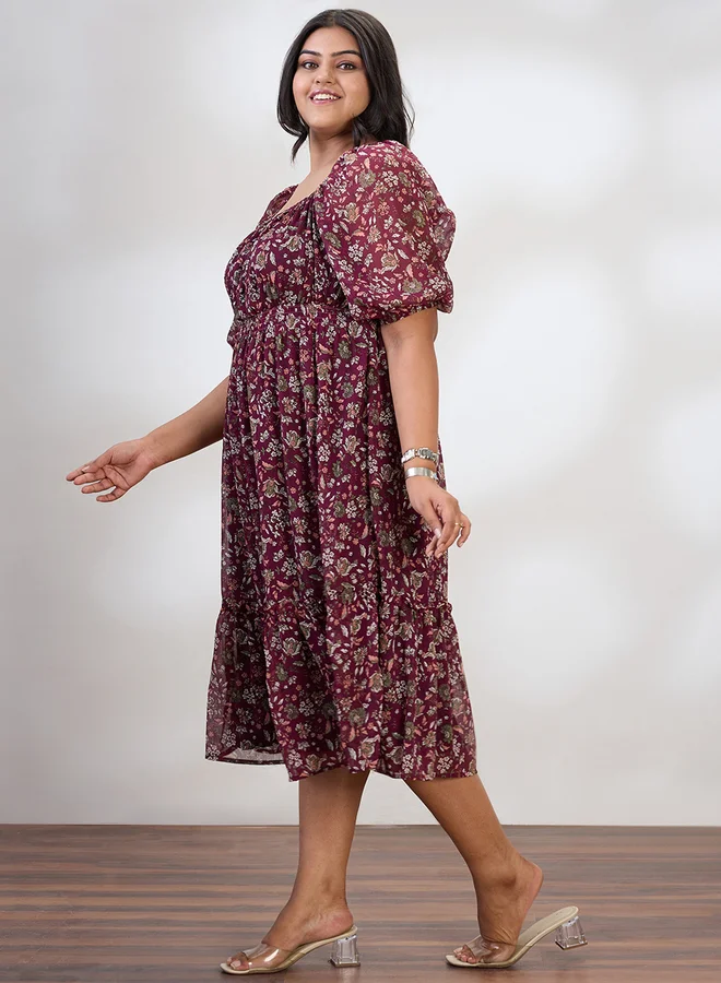 globus Globus Plus Size Maroon Printed Tiered Midi Dress