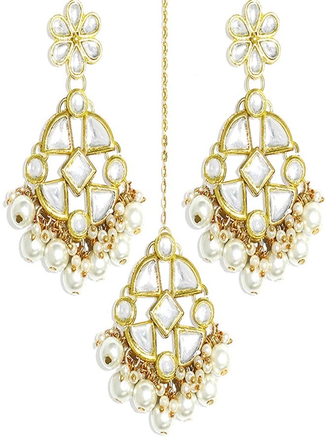 Karatcart Women's Pearl Beads Kundan Dangler Earrings with Maangtikka - Image 1