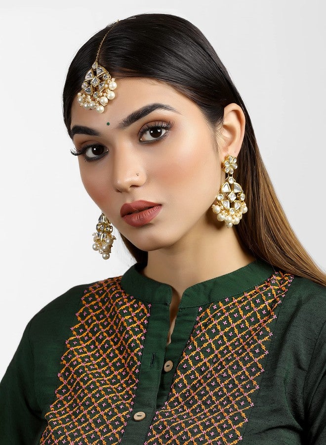 Karatcart Women's Pearl Beads Kundan Dangler Earrings with Maangtikka - Image 3