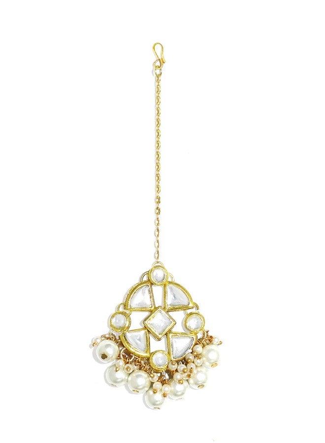 Karatcart Women's Pearl Beads Kundan Dangler Earrings with Maangtikka - Image 4