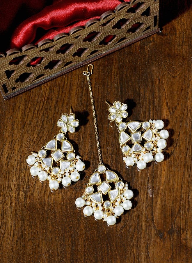Karatcart Women's Pearl Beads Kundan Dangler Earrings with Maangtikka - Image 2