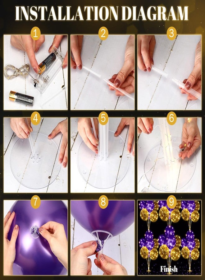 Junkin 6 Set Balloons Centerpieces for Table with LED String Light 60 Pcs Balloons Light up Table Balloon Stand Centerpieces for Graduation Birthday Baby Shower Wedding Bridal Shower(Purple) - Image 2