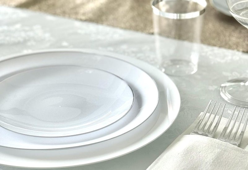OCCASIONS FINEST PLASTIC TABLEWARE " OCCASIONS " 50 Plates Pack (25 Guests)-Wedding Party Disposable Plastic Plate Set -25 x 10.25'' Dinner + 25 x 7.5'' Salad & Dessert plates (Bali in White & Silver) - Image 5