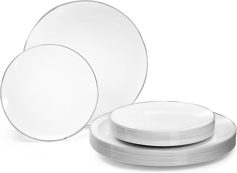 OCCASIONS FINEST PLASTIC TABLEWARE " OCCASIONS " 50 Plates Pack (25 Guests)-Wedding Party Disposable Plastic Plate Set -25 x 10.25'' Dinner + 25 x 7.5'' Salad & Dessert plates (Bali in White & Silver) - Image 1