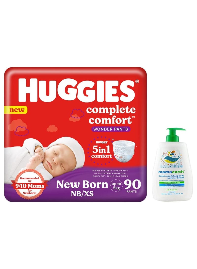 Huggies Complete Comfort Wonder Pants, Extra Small (NB/XS) Size Baby Diaper Pants, (90 count) with 5 in 1 Comfort & Mamaearth Deeply nourishing natural baby wash (400 ml, 0-5 Yrs) - Image 1