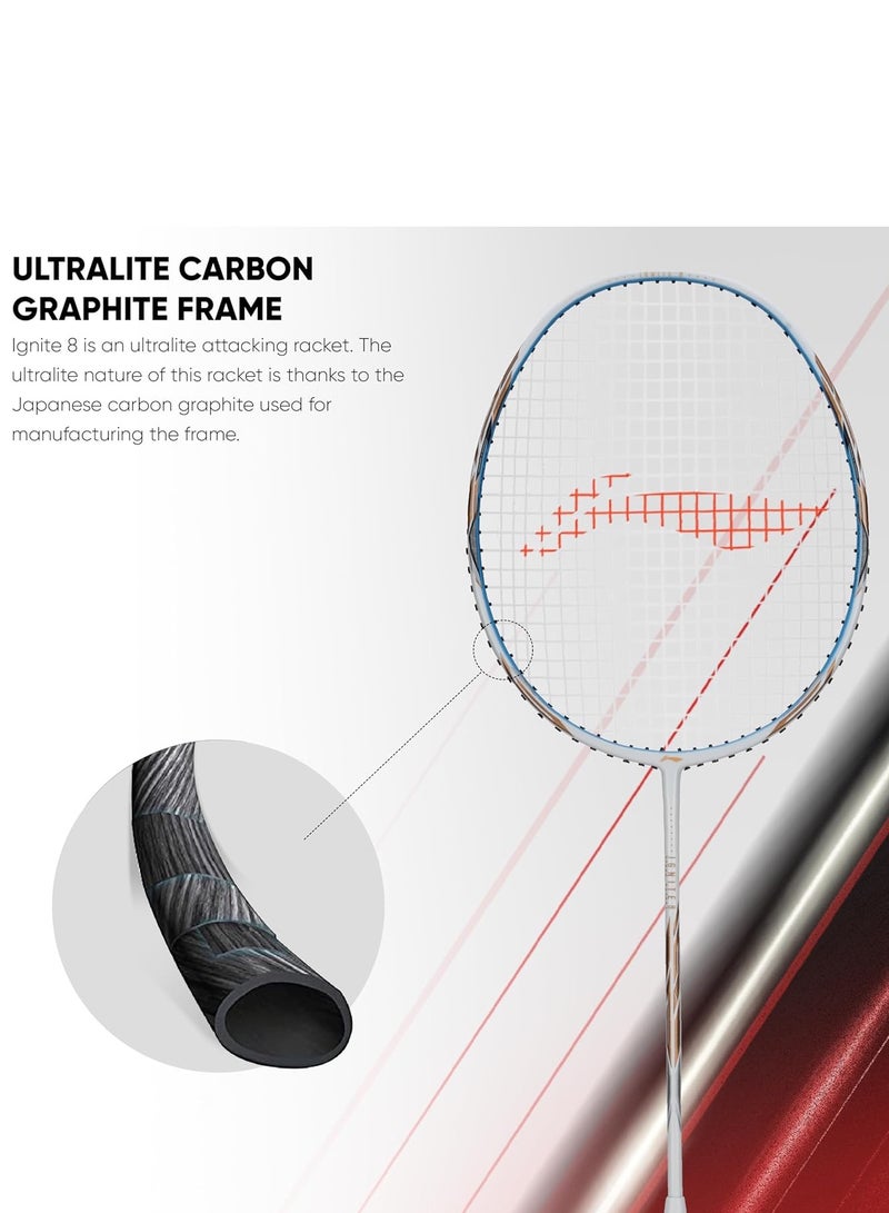 لي-نينج مضرب تنس الريشة Li-Ning Ignite 8 الياباني المصنوع من الكربون والجرافيت مع غطاء كامل (أبيض لؤلؤي/أزرق، 77 جرامًا) - Image 5