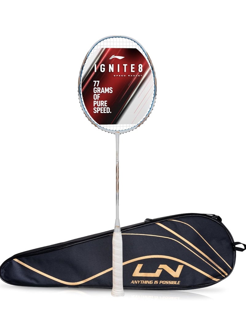 لي-نينج مضرب تنس الريشة Li-Ning Ignite 8 الياباني المصنوع من الكربون والجرافيت مع غطاء كامل (أبيض لؤلؤي/أزرق، 77 جرامًا) - Image 1