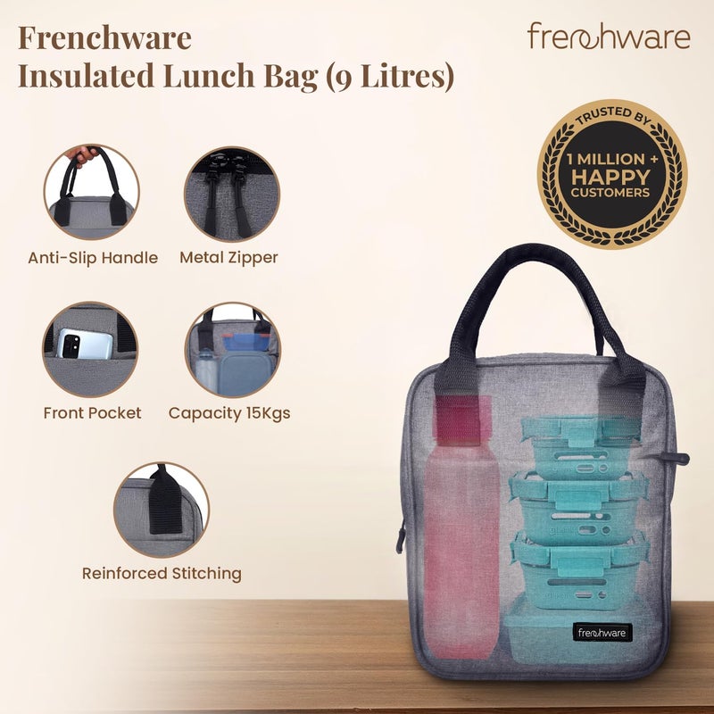 Frenchware Insulated Lunch Bag (9 Litre, 15 kg, Grey), Office Tiffin Bags for Men and Women, Hot & Cold Travel Lunch Box for Men, Tiffin Box & Bottles, Lunch Bag for Office, Picnic Bag (Nylon) - Image 2