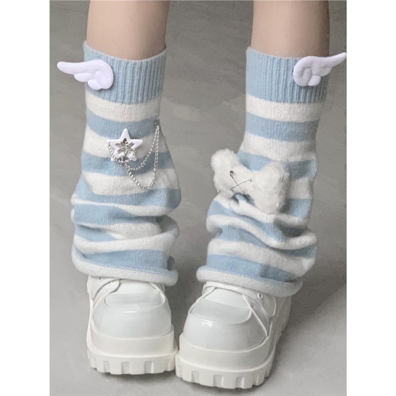 Original Y2K Subculture Aqua Blue And White Striped Bell-Bottom Leg Warmers Japanese Style Harajuku Slouch Socks - Image 2