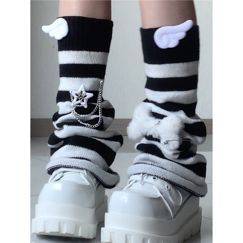 Original Y2K Subculture Aqua Blue And White Striped Bell-Bottom Leg Warmers Japanese Style Harajuku Slouch Socks - Image 5