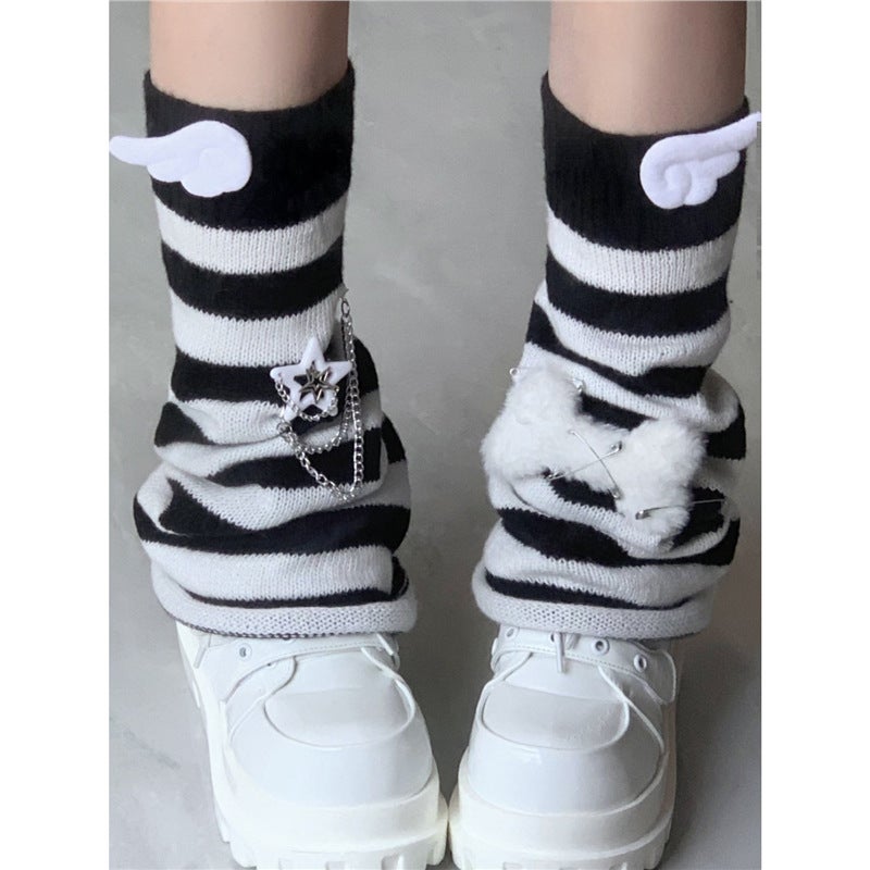 Original Y2K Subculture Aqua Blue And White Striped Bell-Bottom Leg Warmers Japanese Style Harajuku Slouch Socks - Image 4