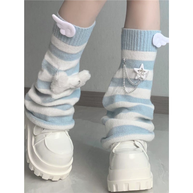 Original Y2K Subculture Aqua Blue And White Striped Bell-Bottom Leg Warmers Japanese Style Harajuku Slouch Socks - Image 3