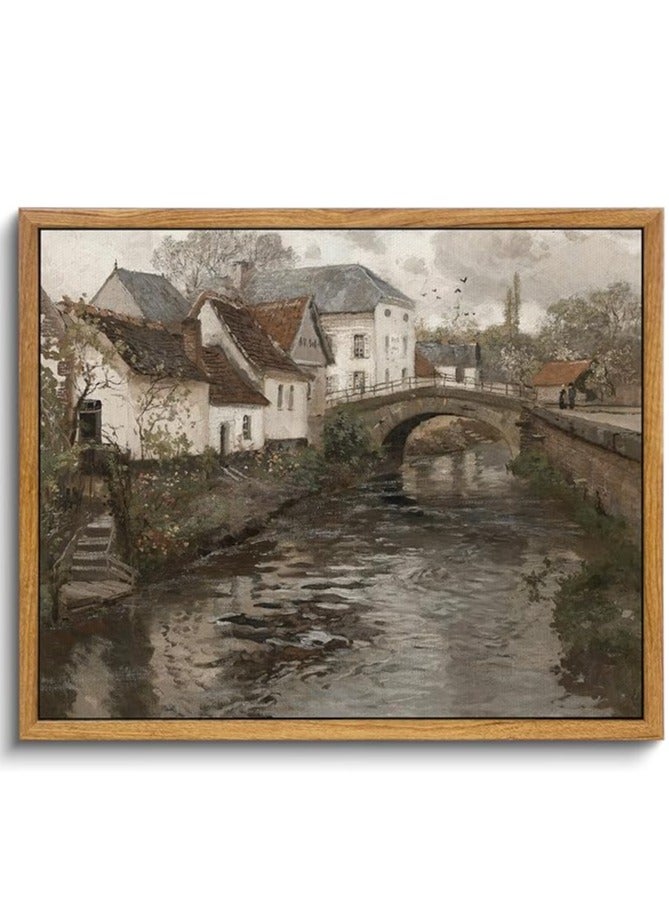 Today Idea  Framed Canvas Wall Art Vintage Decor, Landscape Wall Art, Riverside Small Town Canvas Prints Home Decor, Rustic Farmhouse Wall Decor for Bedroom Living Room, Retro Room Decor, 9"x11" - Image 1