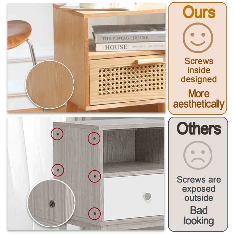 MaxSmeo Modern Nightstand Rattan Side End Table with Storage, for Living Room, Bedroom and Small Spaces, Accent Bedside Farmhouse Tables with Solid Wood Legs, Easy Assembly (Natural Walnut) - Image 4