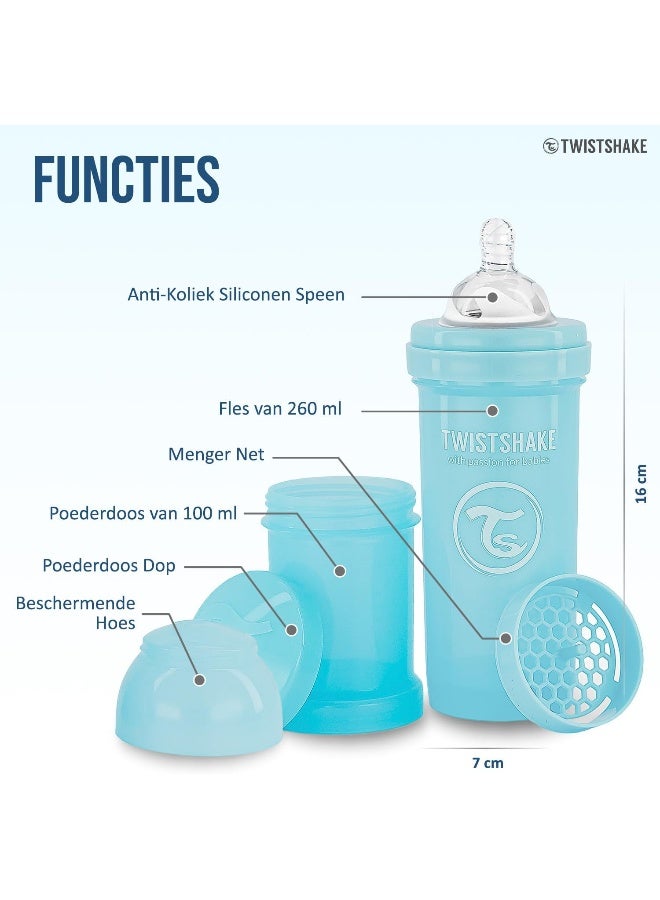 Twistshake Anti-Colic Baby Bottle with Milk Powder Container and Mixer - 260ml | Medium Flow Silicone Breast-Like Nipple | BPA- Free | Suitable for 2+ Month | Blue - Image 4
