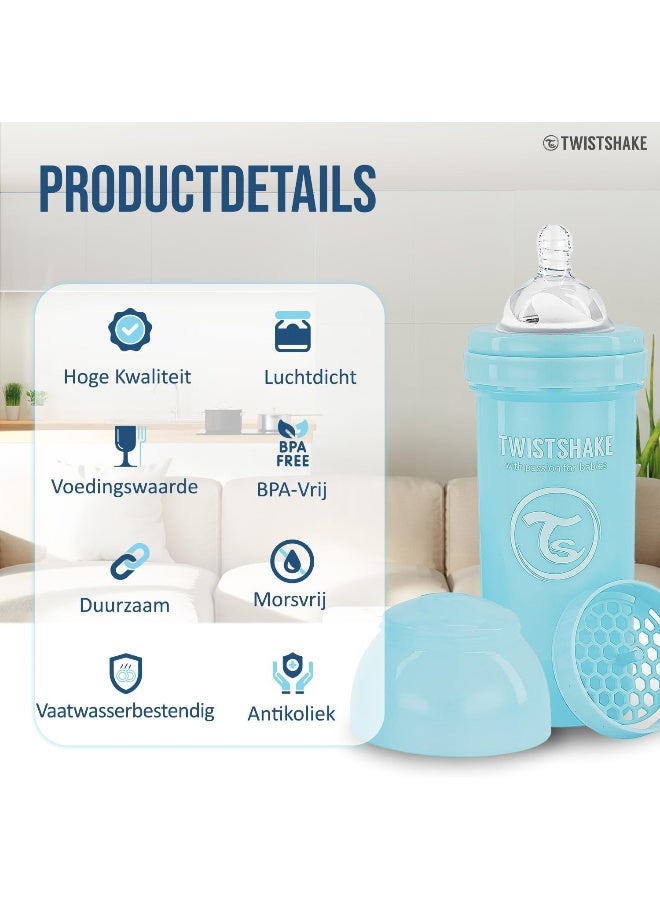 Twistshake Anti-Colic Baby Bottle with Milk Powder Container and Mixer - 260ml | Medium Flow Silicone Breast-Like Nipple | BPA- Free | Suitable for 2+ Month | Blue - Image 3