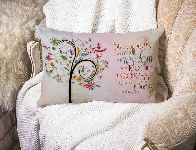 Solekla Inspirational Christian Bible Verse Proberbs Quotes Farmhouse Oblong Rectangle Decorative Throw Pillow Case,12x20 inch, She Opens Her Mouth with Wisdom and The Teaching of Kindness is on Her Tongue - Image 3